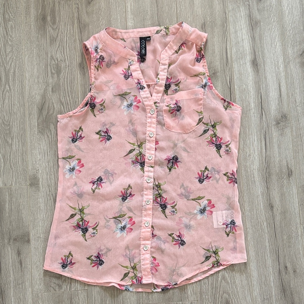 Floral Sleeveless Button-Up Blouse - Pink